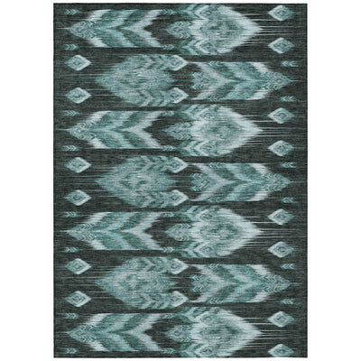 10' X 14' Teal Blue Aqua And Charcoal Southwestern Washable Indoor Outdoor Area Rug