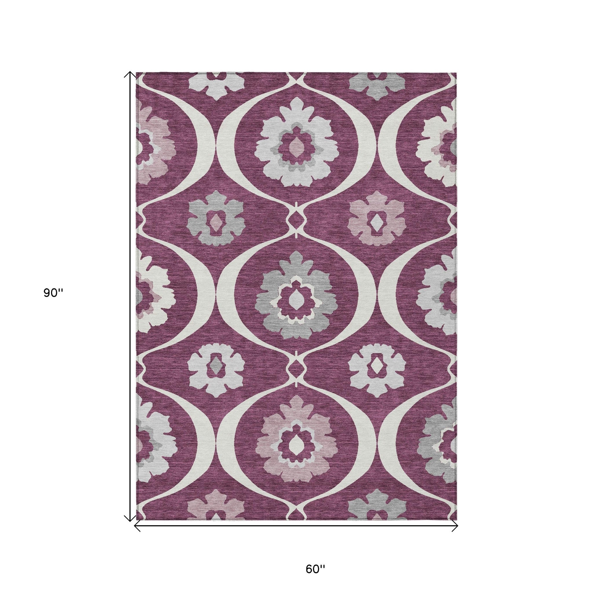 5' X 8' Eggplant Ivory And Gray Medallion Washable Indoor Outdoor Area Rug