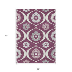 5' X 8' Eggplant Ivory And Gray Medallion Washable Indoor Outdoor Area Rug