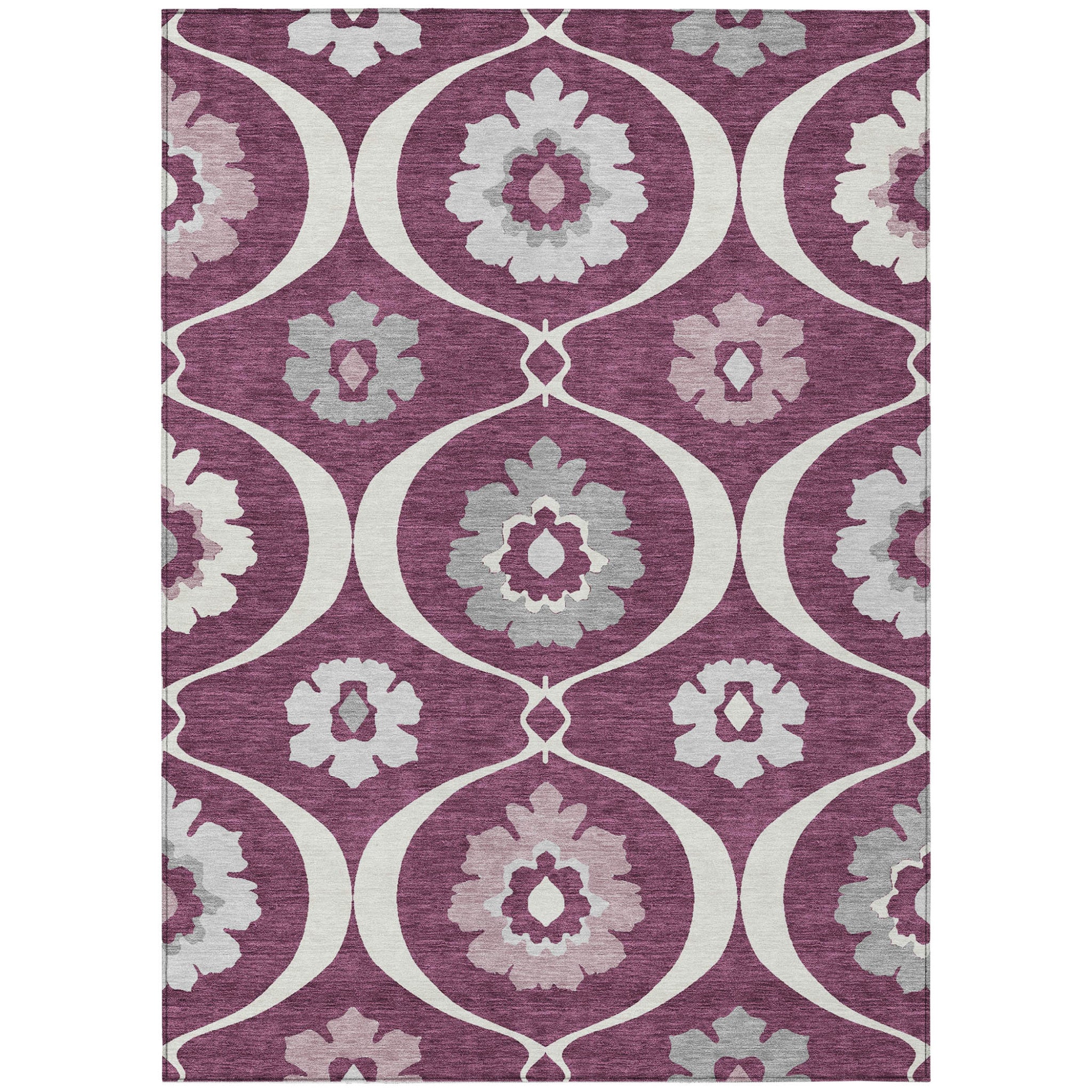 5' X 8' Eggplant Ivory And Gray Medallion Washable Indoor Outdoor Area Rug
