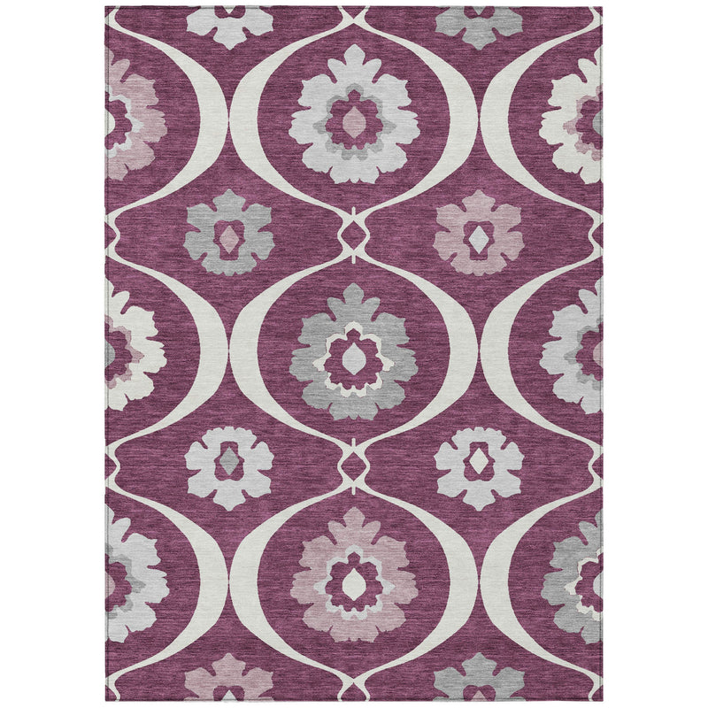 5' X 8' Eggplant Ivory And Gray Medallion Washable Indoor Outdoor Area Rug