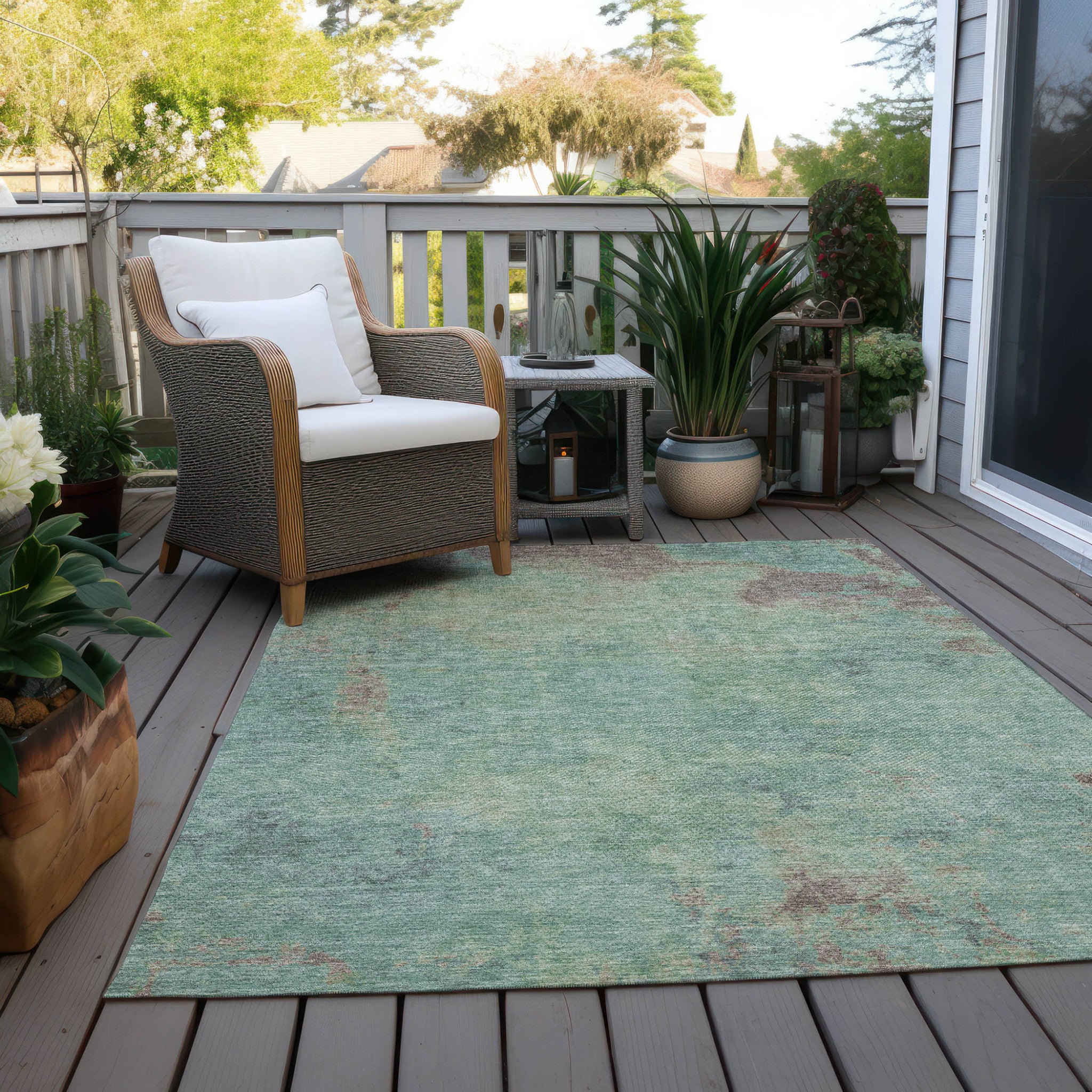 5' X 8' Pale Aqua And Taupe Abstract Washable Indoor Outdoor Area Rug