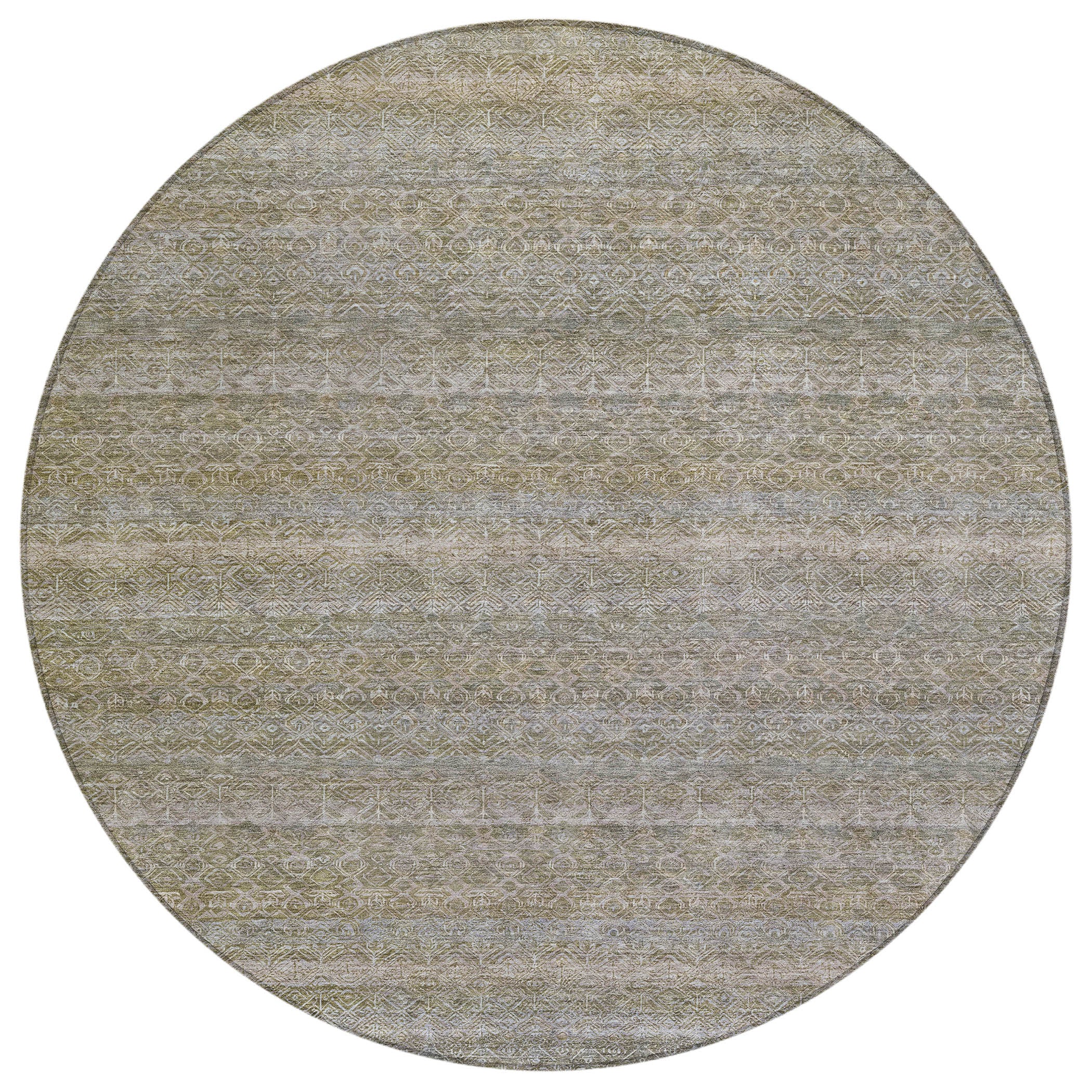 8' Khaki And Beige Round Striped Washable Indoor Outdoor Area Rug