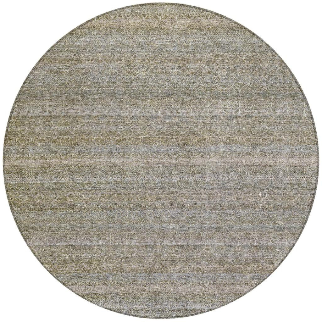 8' Khaki And Beige Round Striped Washable Indoor Outdoor Area Rug