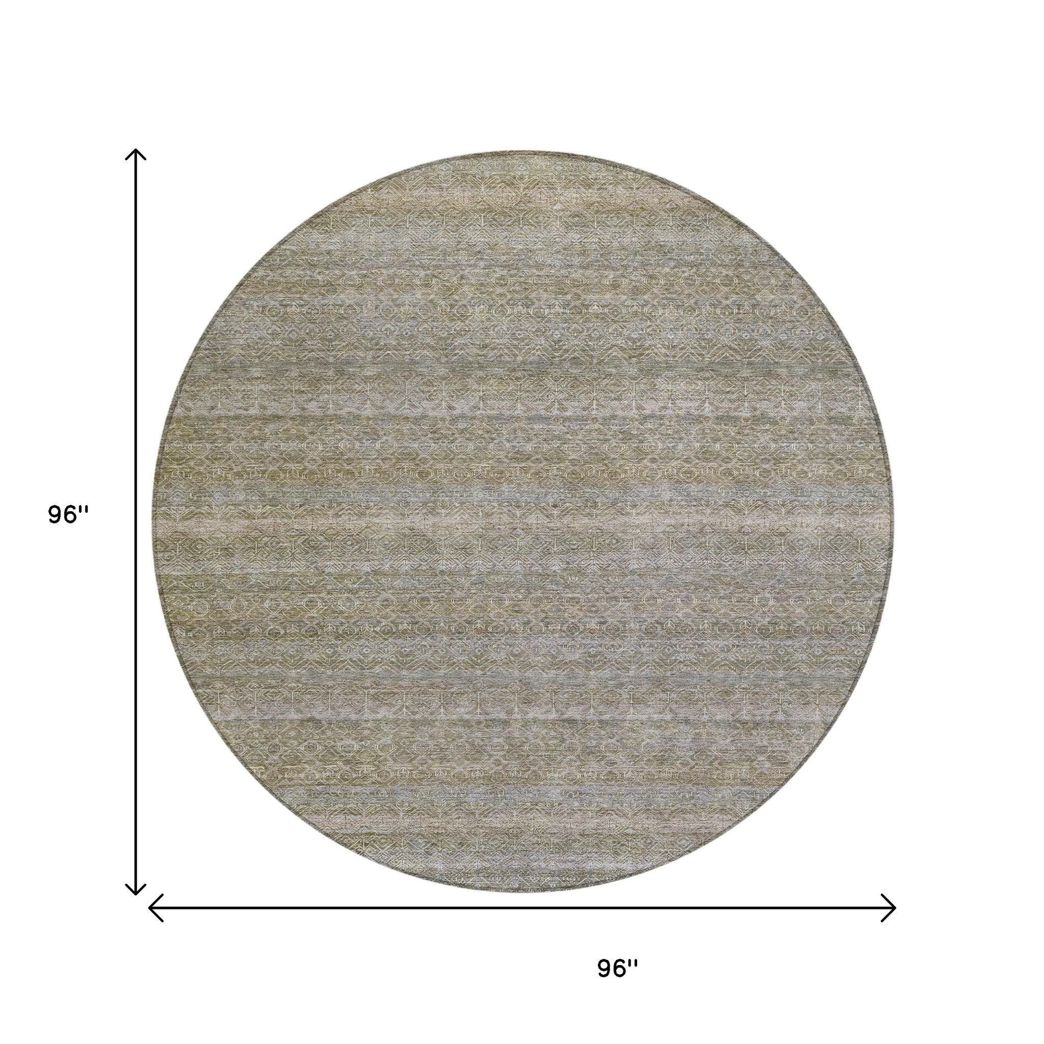 8' Khaki And Beige Round Striped Washable Indoor Outdoor Area Rug