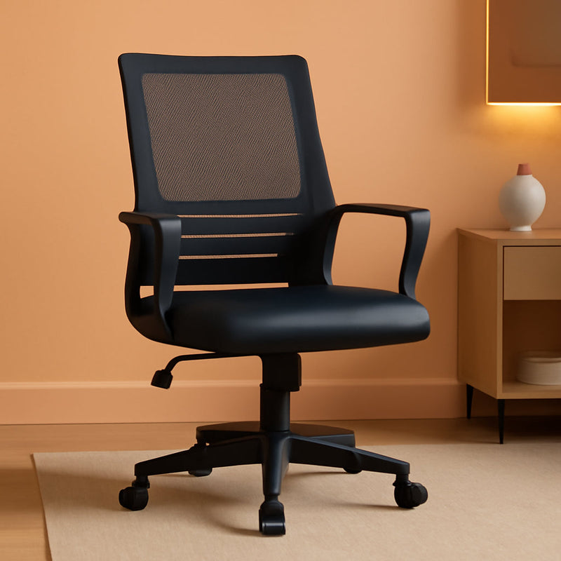 Ergonomic Office Chair Leather Seat and Mesh Back Computer Chair Executive Chair Mid-Back Rolling Swivel Chair with Lumbar Support and Armrests Adjustable Height for Office Meeting, Black-0