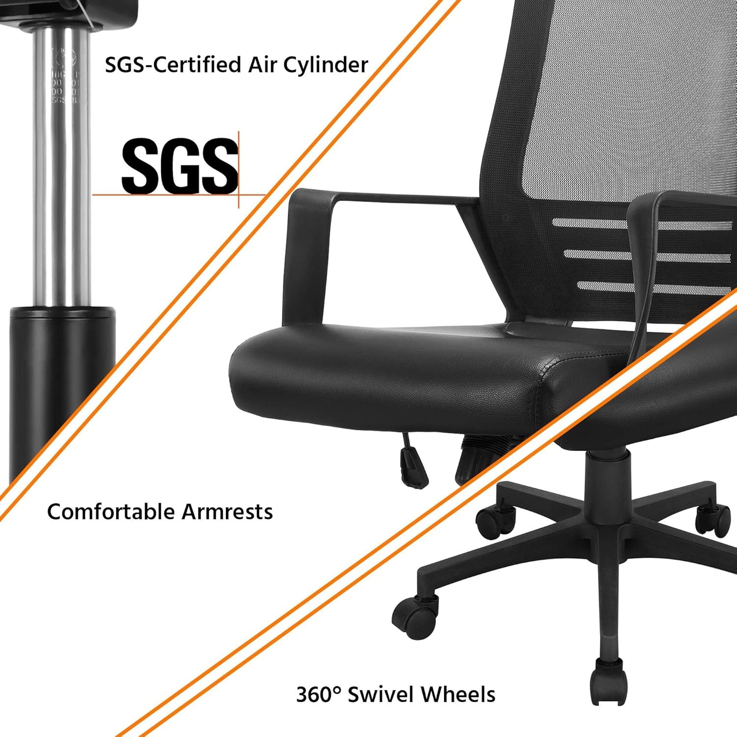 Ergonomic Office Chair Leather Seat and Mesh Back Computer Chair Executive Chair Mid-Back Rolling Swivel Chair with Lumbar Support and Armrests Adjustable Height for Office Meeting, Black-4