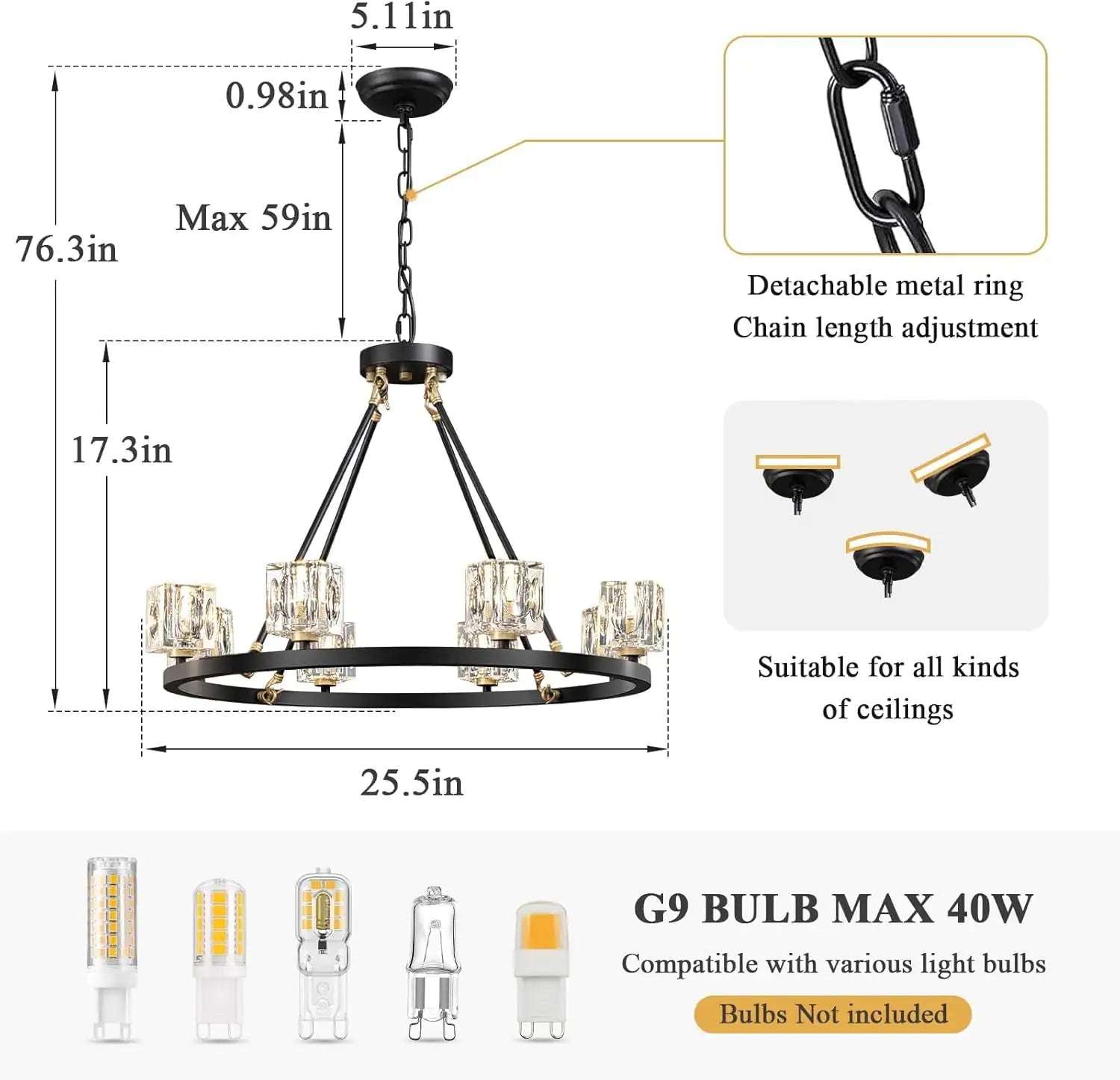 Black Wagon Wheel Chandelier, 8-Light Farmhouse Crystal Chandeleirs With Adjustable Height,Ceiling Hanging Light Fixture Pendant Lights For Living Room,Bedroom,Kitchen Island,Dining Room,Bedroom