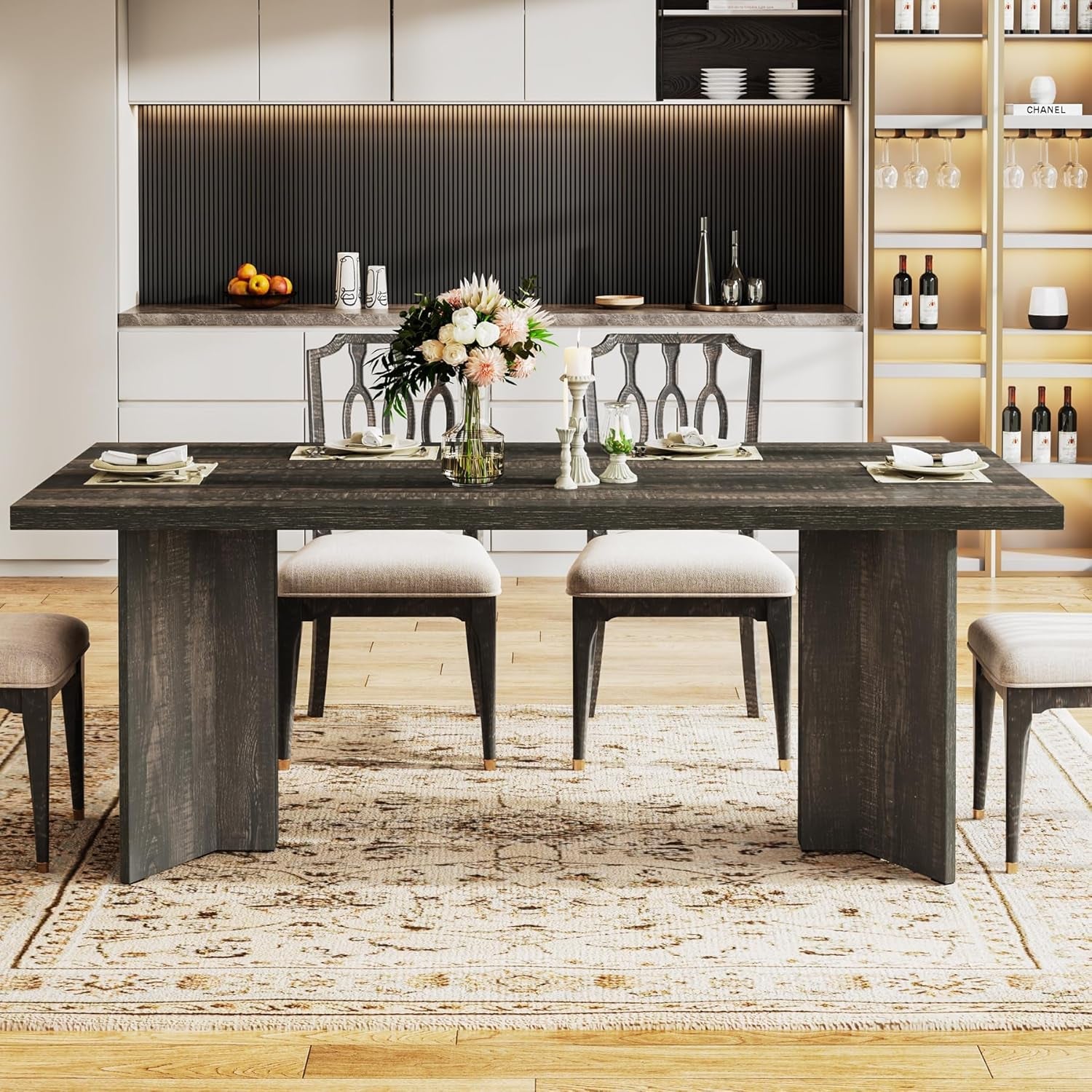 63-Inch Dining Table for 4-6, Farmhouse Kitchen Table with Large Tabletop, Rectangular Dinner Eating Table for Dining Room, Living Room, Kitchen, Dark Gray-2