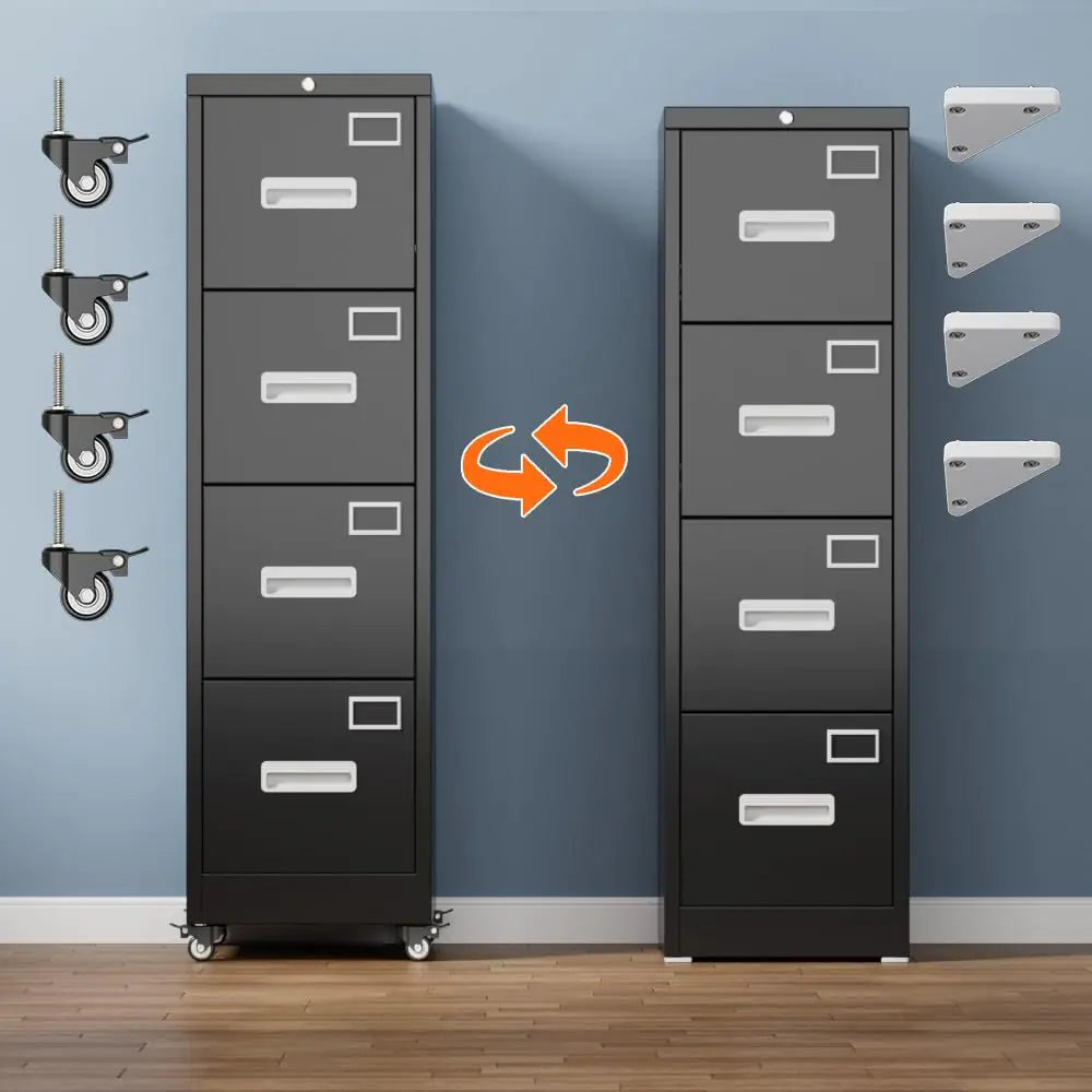 4 Drawer Vertical File Cabinet On Wheels, Lockable Office Files Storage Cabinet With Handle And Name Card,Mobile Storage Cabinet For Office And Home,Assembly Required,Black