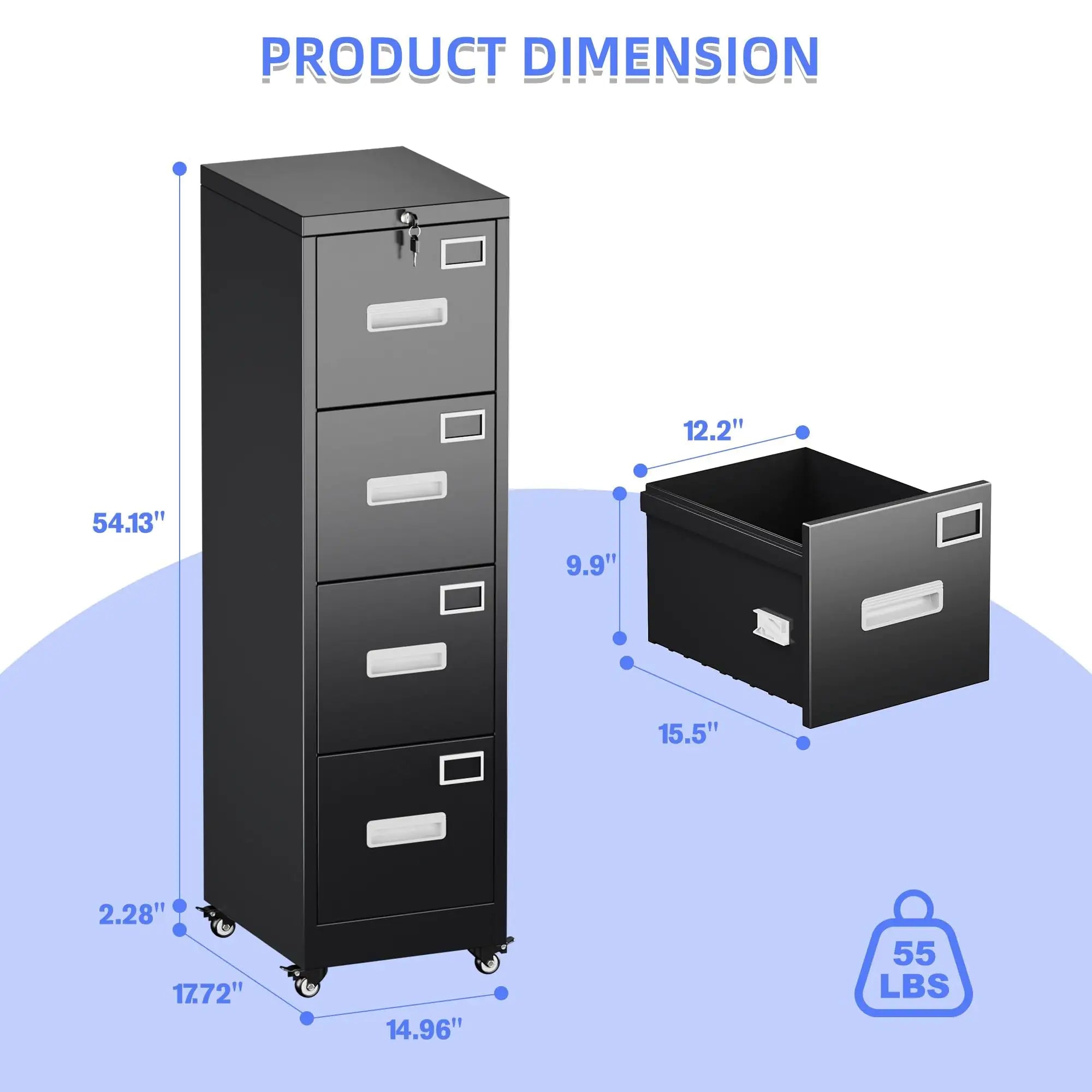 4 Drawer Vertical File Cabinet On Wheels, Lockable Office Files Storage Cabinet With Handle And Name Card,Mobile Storage Cabinet For Office And Home,Assembly Required,Black