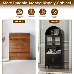 73 In Tall Metal Arched Cabinet, Kitchen Pantry Cabinet With Glass Door, Modern Farmhouse Arched Bookcase With 2 Adjustable Shelves For Living Room, Black, Assembly Required