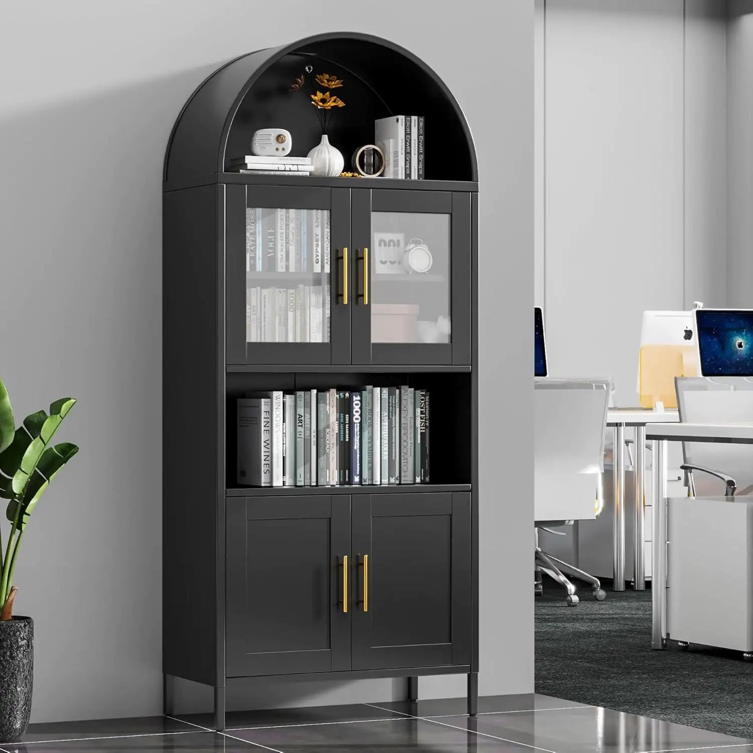 73 In Tall Metal Arched Cabinet, Kitchen Pantry Cabinet With Glass Door, Modern Farmhouse Arched Bookcase With 2 Adjustable Shelves For Living Room, Black, Assembly Required