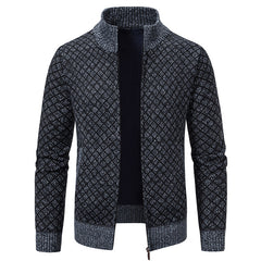 Thickened Plaid Print Jacket Cardigan Fashion Slim Fit Zipper Stand Collar Sweater Winter Men's Casual Long Sleeve Knitted Top Clothing