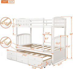 Harper&Bright Designs Twin over Twin Bunk Bed with Twin Trundle, 3 Storage Drawers, Safety Rail, and Removable Ladder, Can Be Separated into 3 Bed, White-1