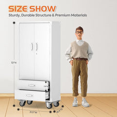 Rolling Storage Cabinet With 2 Doors And 2 Drawers, Metal Storage Cabinet With Doors And Shelves, Locking Steel Cabinet For Warehouse, Home, Office White