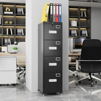 4 Drawer Vertical File Cabinet On Wheels, Lockable Office Files Storage Cabinet With Handle And Name Card,Mobile Storage Cabinet For Office And Home,Assembly Required,Black
