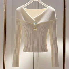 Women's French Style V-Neck Top, Embellished Detail Long Sleeve Knit Blouse For Spring And Fall