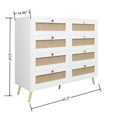 White Color 8 Drawers Chest Of Drawers With Rattan Drawer Face Golden Legs And Handles