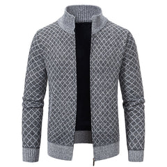 Thickened Plaid Print Jacket Cardigan Fashion Slim Fit Zipper Stand Collar Sweater Winter Men's Casual Long Sleeve Knitted Top Clothing