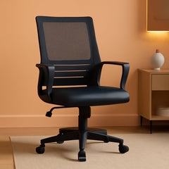 Ergonomic Office Chair Leather Seat and Mesh Back Computer Chair Executive Chair Mid-Back Rolling Swivel Chair with Lumbar Support and Armrests Adjustable Height for Office Meeting, Black-0