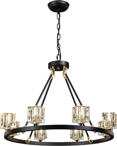 Black Wagon Wheel Chandelier, 8-Light Farmhouse Crystal Chandeleirs With Adjustable Height,Ceiling Hanging Light Fixture Pendant Lights For Living Room,Bedroom,Kitchen Island,Dining Room,Bedroom
