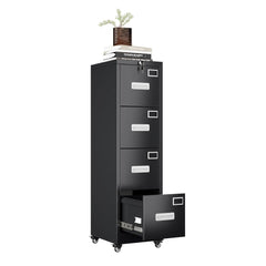 4 Drawer Vertical File Cabinet On Wheels, Lockable Office Files Storage Cabinet With Handle And Name Card,Mobile Storage Cabinet For Office And Home,Assembly Required,Black