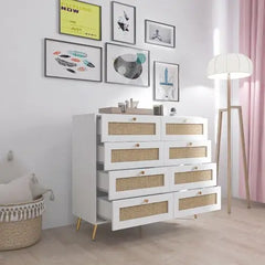 White Color 8 Drawers Chest Of Drawers With Rattan Drawer Face Golden Legs And Handles
