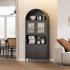 73 In Tall Metal Arched Cabinet, Kitchen Pantry Cabinet With Glass Door, Modern Farmhouse Arched Bookcase With 2 Adjustable Shelves For Living Room, Black, Assembly Required