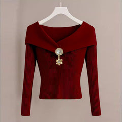 Women's French Style V-Neck Top, Embellished Detail Long Sleeve Knit Blouse For Spring And Fall