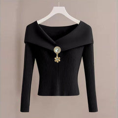 Women's French Style V-Neck Top, Embellished Detail Long Sleeve Knit Blouse For Spring And Fall