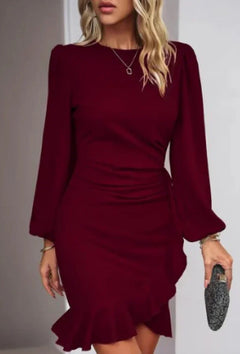 Women's Puff Long Sleeve Dresses Fashion Graceful Solid Color Slim Hip-covering Short Dress Womens Clothing