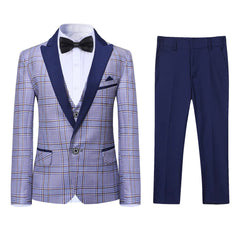 SWOTGdoby Boys Suits 3 Piece Slim Fit Check Plaid Kids Tuxedo Suits for Boys Formal Dress Blazer Jacket Pants Vest Wedding Sea Blue