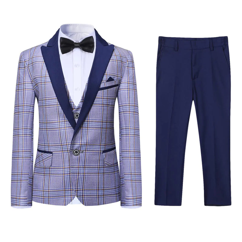 SWOTGdoby Boys Suits 3 Piece Slim Fit Check Plaid Kids Tuxedo Suits for Boys Formal Dress Blazer Jacket Pants Vest Wedding Sea Blue