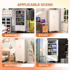 Rolling Storage Cabinet With 2 Doors And 2 Drawers, Metal Storage Cabinet With Doors And Shelves, Locking Steel Cabinet For Warehouse, Home, Office White
