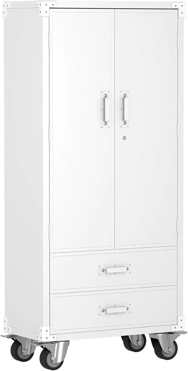 Rolling Storage Cabinet With 2 Doors And 2 Drawers, Metal Storage Cabinet With Doors And Shelves, Locking Steel Cabinet For Warehouse, Home, Office White