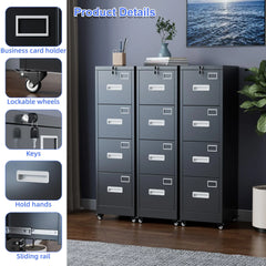 4 Drawer Vertical File Cabinet On Wheels, Lockable Office Files Storage Cabinet With Handle And Name Card,Mobile Storage Cabinet For Office And Home,Assembly Required,Black