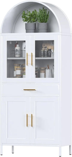 Tall Metal Arched Display Cabinet, Arch Kitchen Pantry Storage Organizer With Doors Shelves Drawers, Modern Freestanding Bookcase For Home Office Bar Living Room White