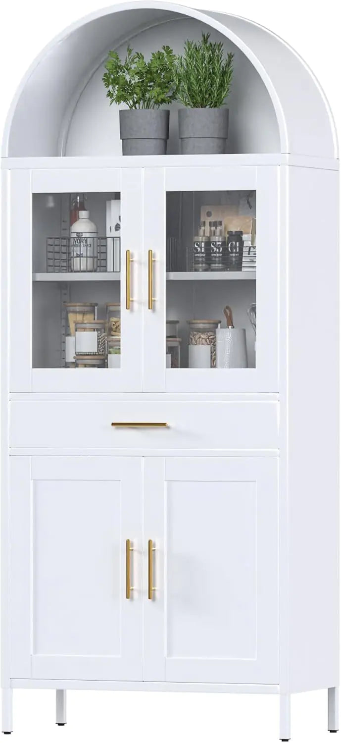 Tall Metal Arched Display Cabinet, Arch Kitchen Pantry Storage Organizer With Doors Shelves Drawers, Modern Freestanding Bookcase For Home Office Bar Living Room White