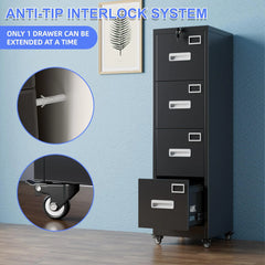4 Drawer Vertical File Cabinet On Wheels, Lockable Office Files Storage Cabinet With Handle And Name Card,Mobile Storage Cabinet For Office And Home,Assembly Required,Black