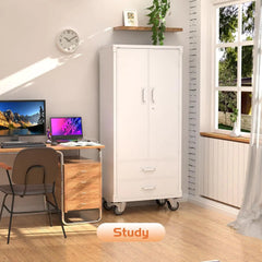 Rolling Storage Cabinet With 2 Doors And 2 Drawers, Metal Storage Cabinet With Doors And Shelves, Locking Steel Cabinet For Warehouse, Home, Office White