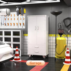 Rolling Storage Cabinet With 2 Doors And 2 Drawers, Metal Storage Cabinet With Doors And Shelves, Locking Steel Cabinet For Warehouse, Home, Office White
