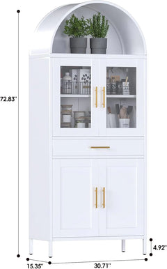 Tall Metal Arched Display Cabinet, Arch Kitchen Pantry Storage Organizer With Doors Shelves Drawers, Modern Freestanding Bookcase For Home Office Bar Living Room White
