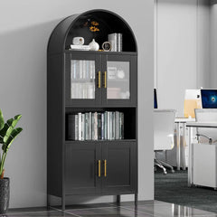 73 In Tall Metal Arched Cabinet, Kitchen Pantry Cabinet With Glass Door, Modern Farmhouse Arched Bookcase With 2 Adjustable Shelves For Living Room, Black, Assembly Required