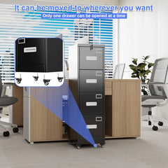 4 Drawer Vertical File Cabinet On Wheels, Lockable Office Files Storage Cabinet With Handle And Name Card,Mobile Storage Cabinet For Office And Home,Assembly Required,Black